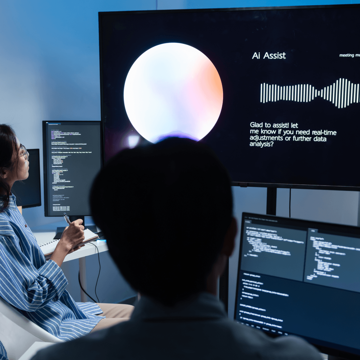 Team arbeitet mit KI-Assistenten am Bildschirm